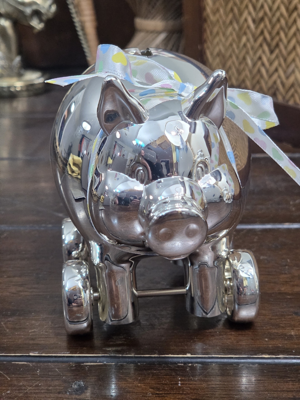 Reed & Barton Silverplate Piggy Bank Pig with Wheels and original box& pamphlet